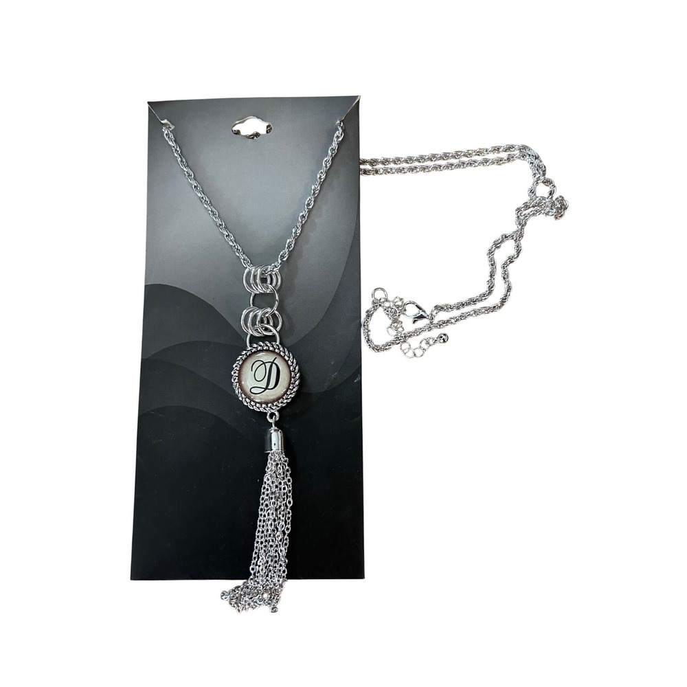 Silver Tone D Initial Tassel Pendant on Long‎ Chain.